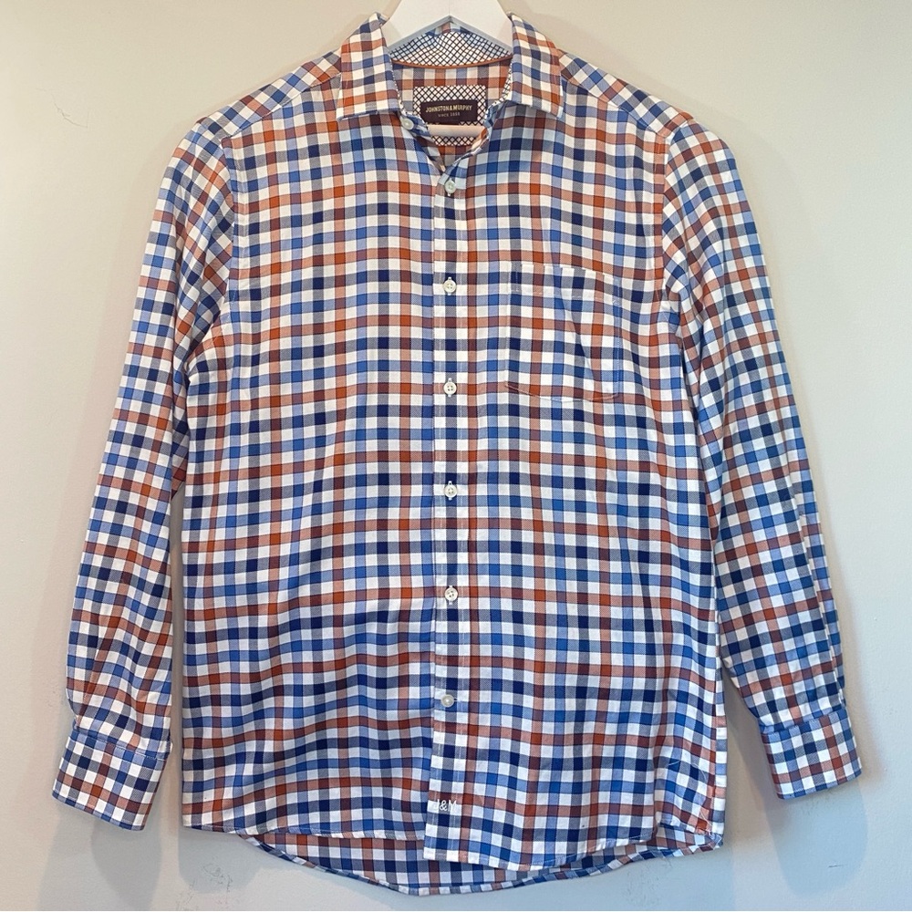 Johnston & Murphy Blue Orange White Checkered Plaid 100% Cotton Shirt Medium